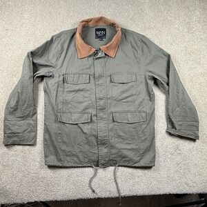 BoohooMAN Mens‎ XL Olive Green Utility Field Jacket Corduroy Collar Full Zip